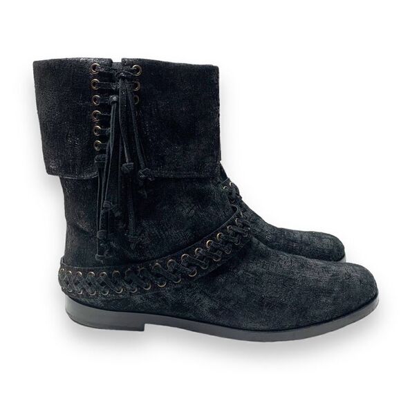 Balmain Black Metallic Shimmer Suede Western Fringe Boots Women’s Size 38.5 US 8 - Picture 3 of 10